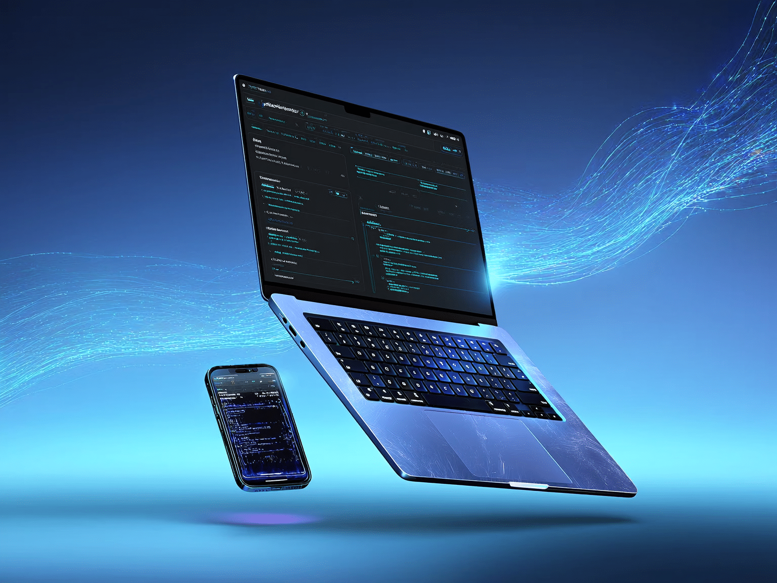 Laptop futurista y smartphone mostrando una web en WordPress Laptop futurista y smartphone mostrando una web en WordPress